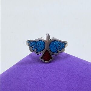💛 Vintage Silver Plated Coral & Turquoise Chip Eagle Ring